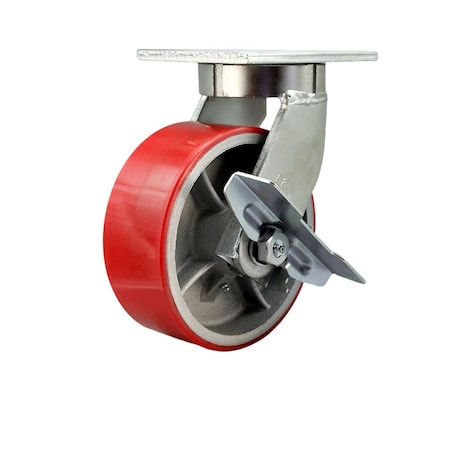 Service Caster 8'' Extra Heavy Duty Red Poly on Cast Iron Wheel Swivel Caster with Brake CRAN-SCC-KP92S830-PUR-RS-SLB